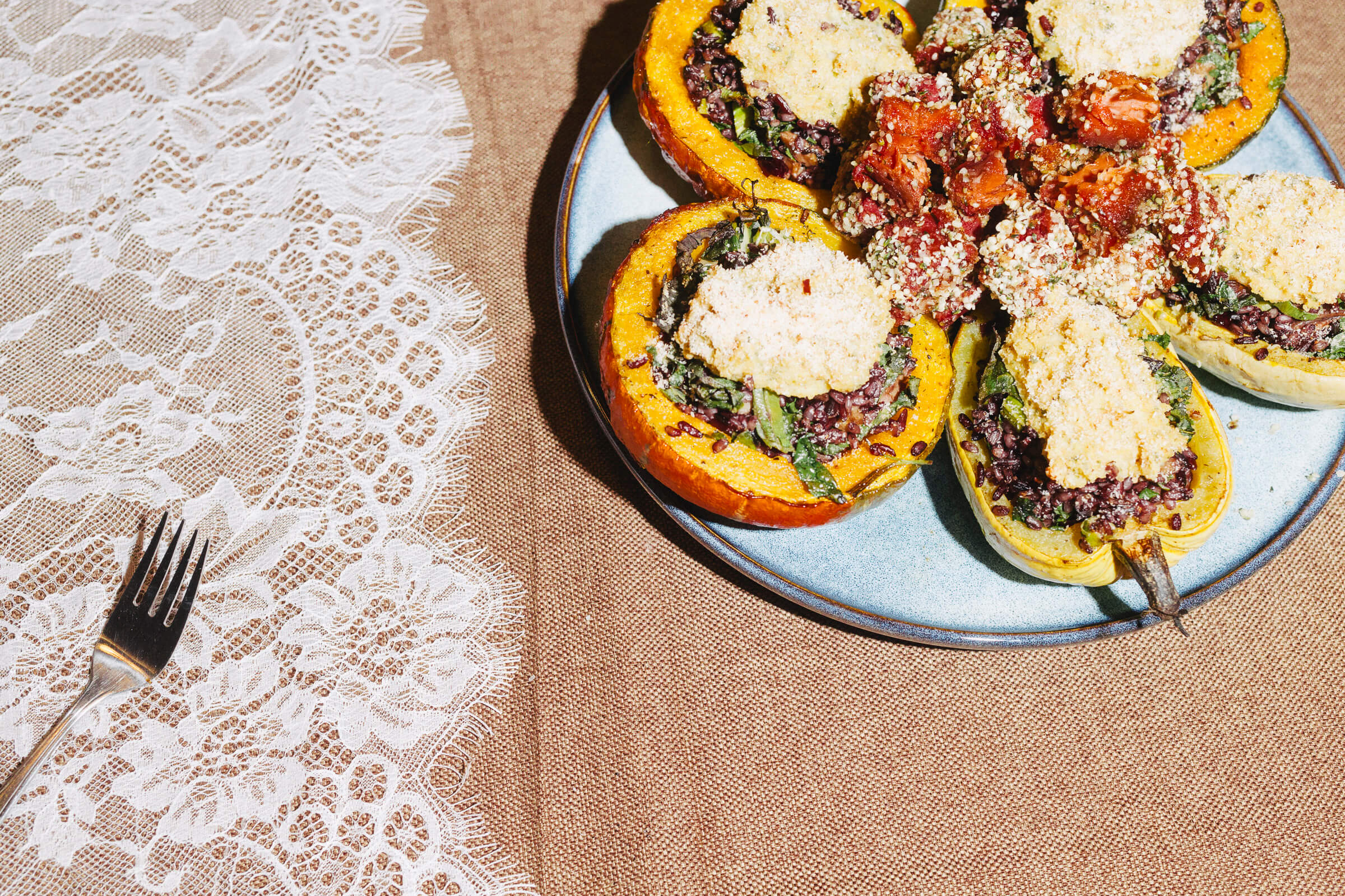 Stuffed squash & crispy meat flower